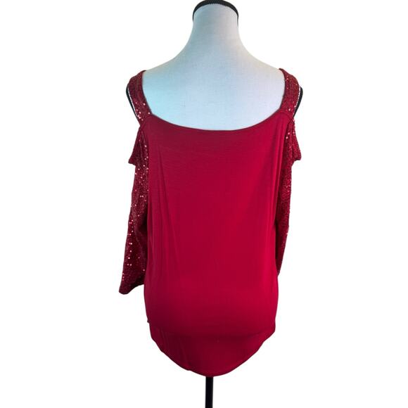 NWT INC International Concepts Real Red Sequin Cold Shoulder Party Top Sz Large - Picture 3 of 7